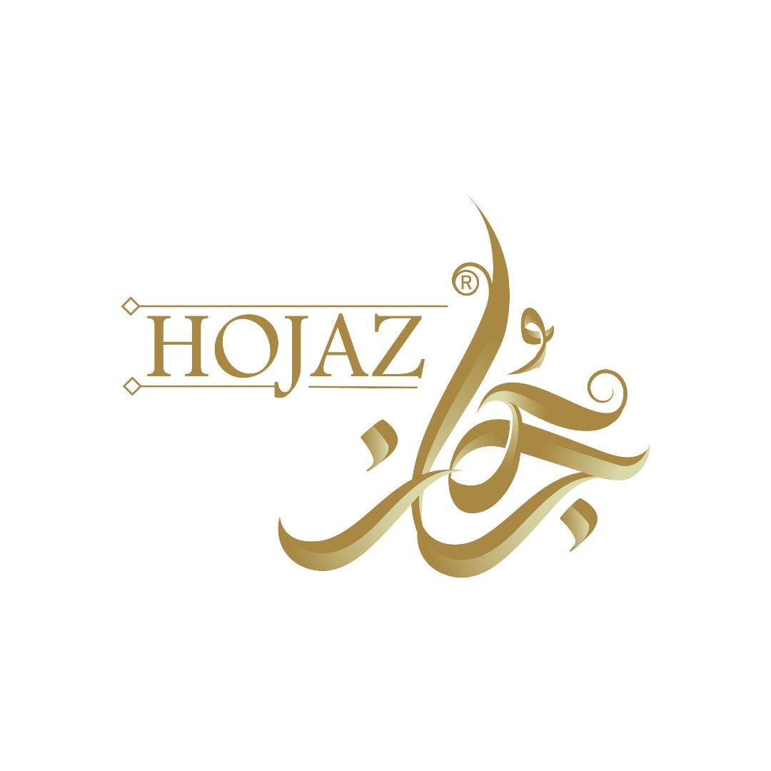 Gold 'HOJAZ' logo with Arabic calligraphy on a white background