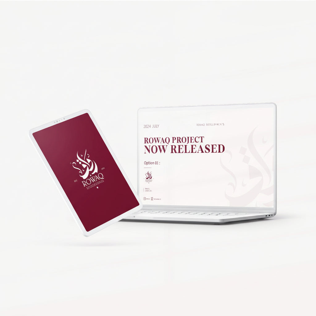 Red card with a logo and a white laptop displaying 'ROWAO PROJECT NOW RELEASED' on a white background