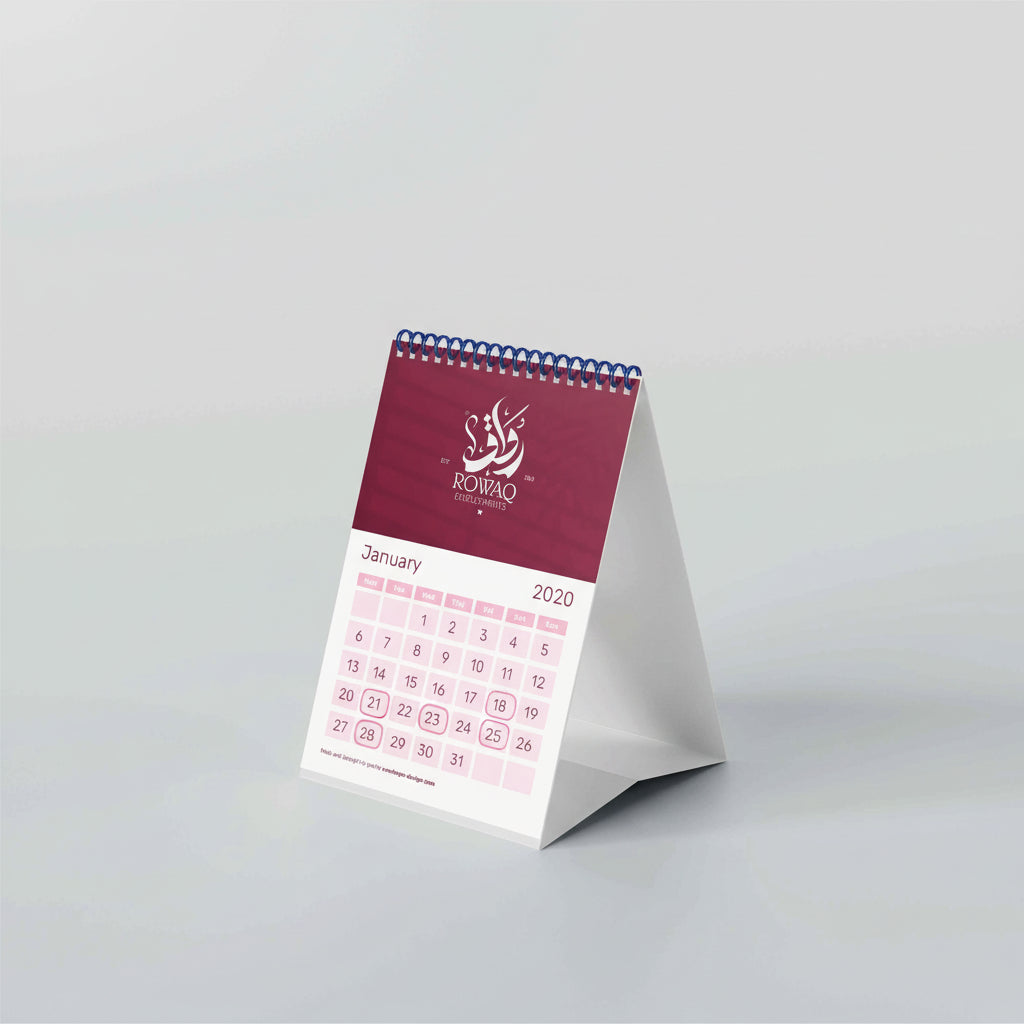 Tabletop calendar for January 2020 on a light gray background