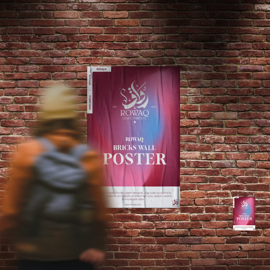 Poster on a brick wall with a person walking by